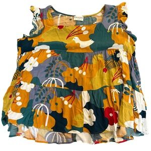 First Love by Lovelyn Women 1X Abstract Floral Bird Tiered Babydoll Top Mustard